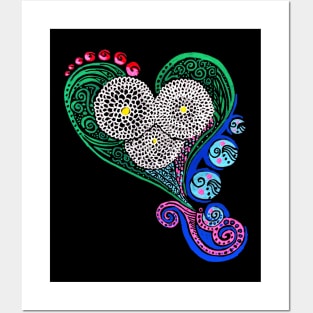 Boho Chic Heart & Flowers Bright & Colorful on Black Posters and Art